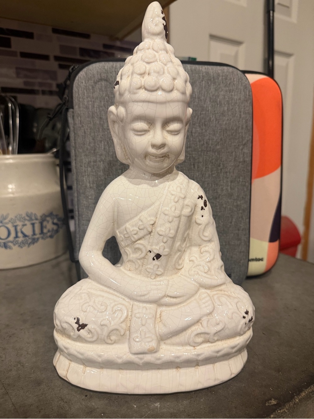 White Ceramic Buddha Statue Home Art